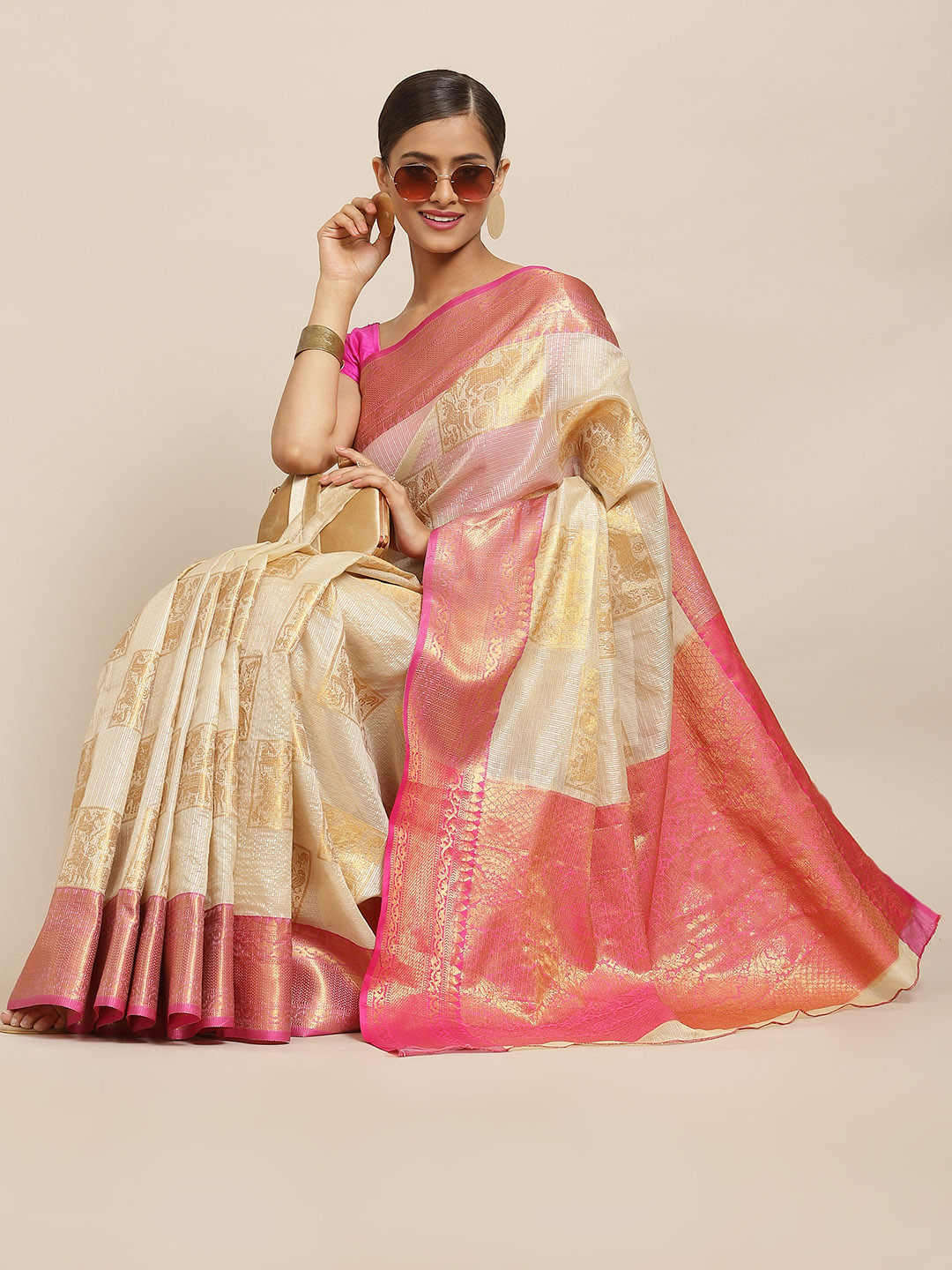 Silk Land Beige & Pink Woven Design Zari Jute Silk Tussar Saree