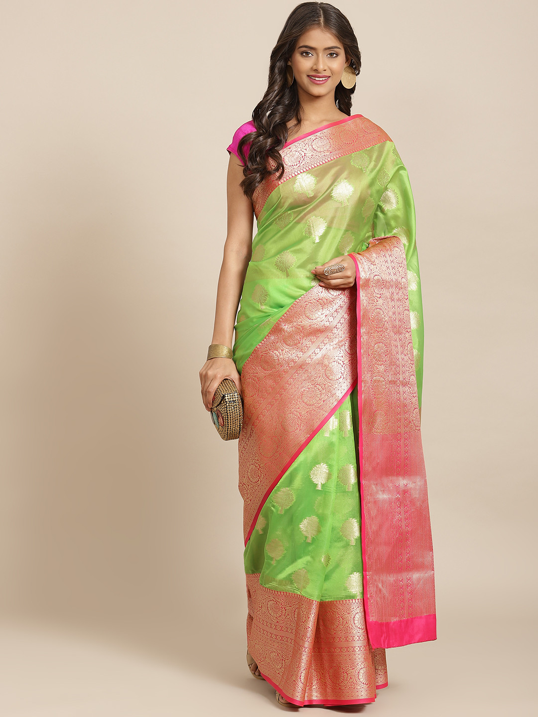 Silk Land Green & Golden Floral Zari Banarasi Saree