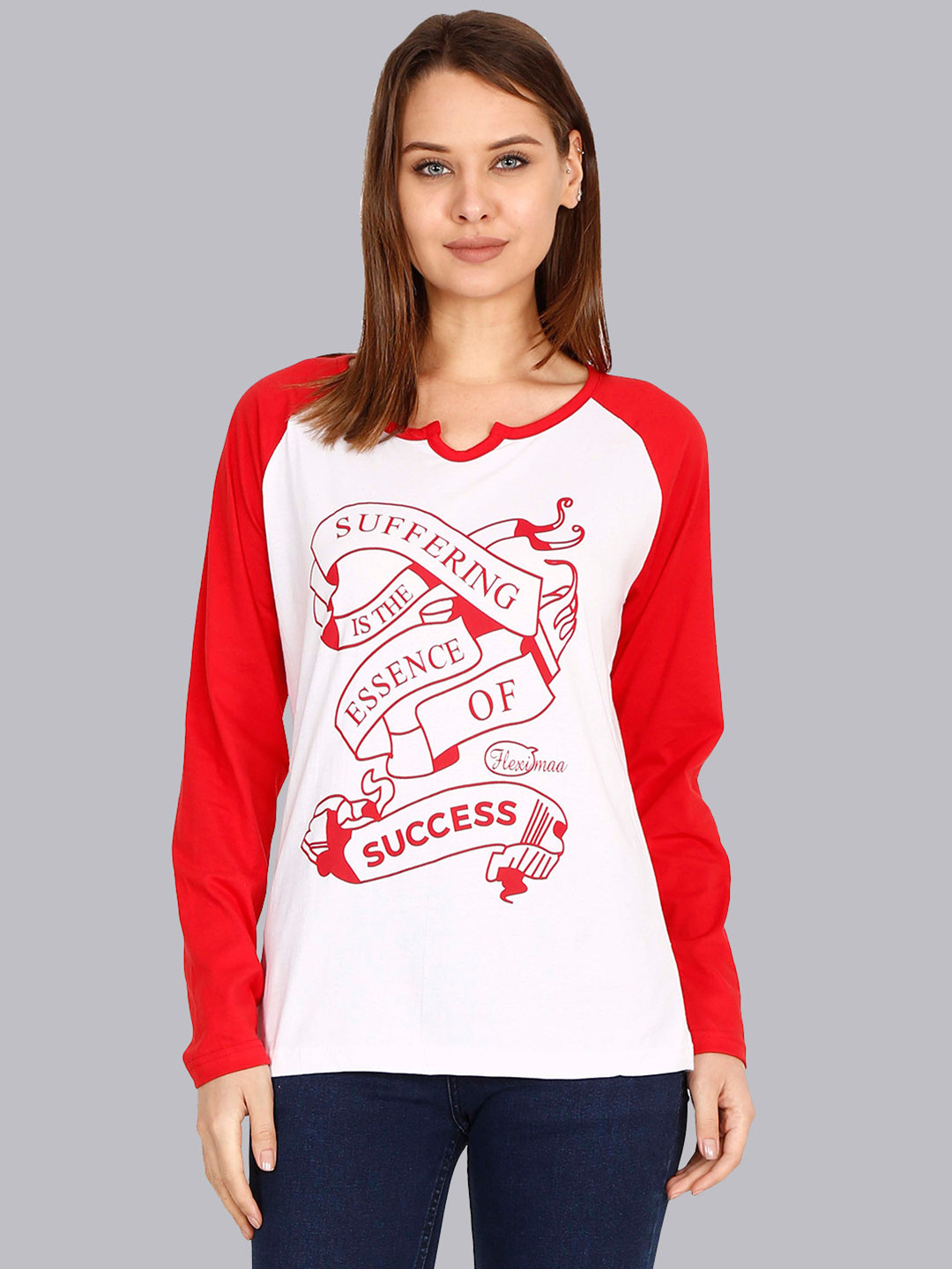 Fleximaa Women Red & White Typography Printed Raglan Sleeves Cotton T-shirt