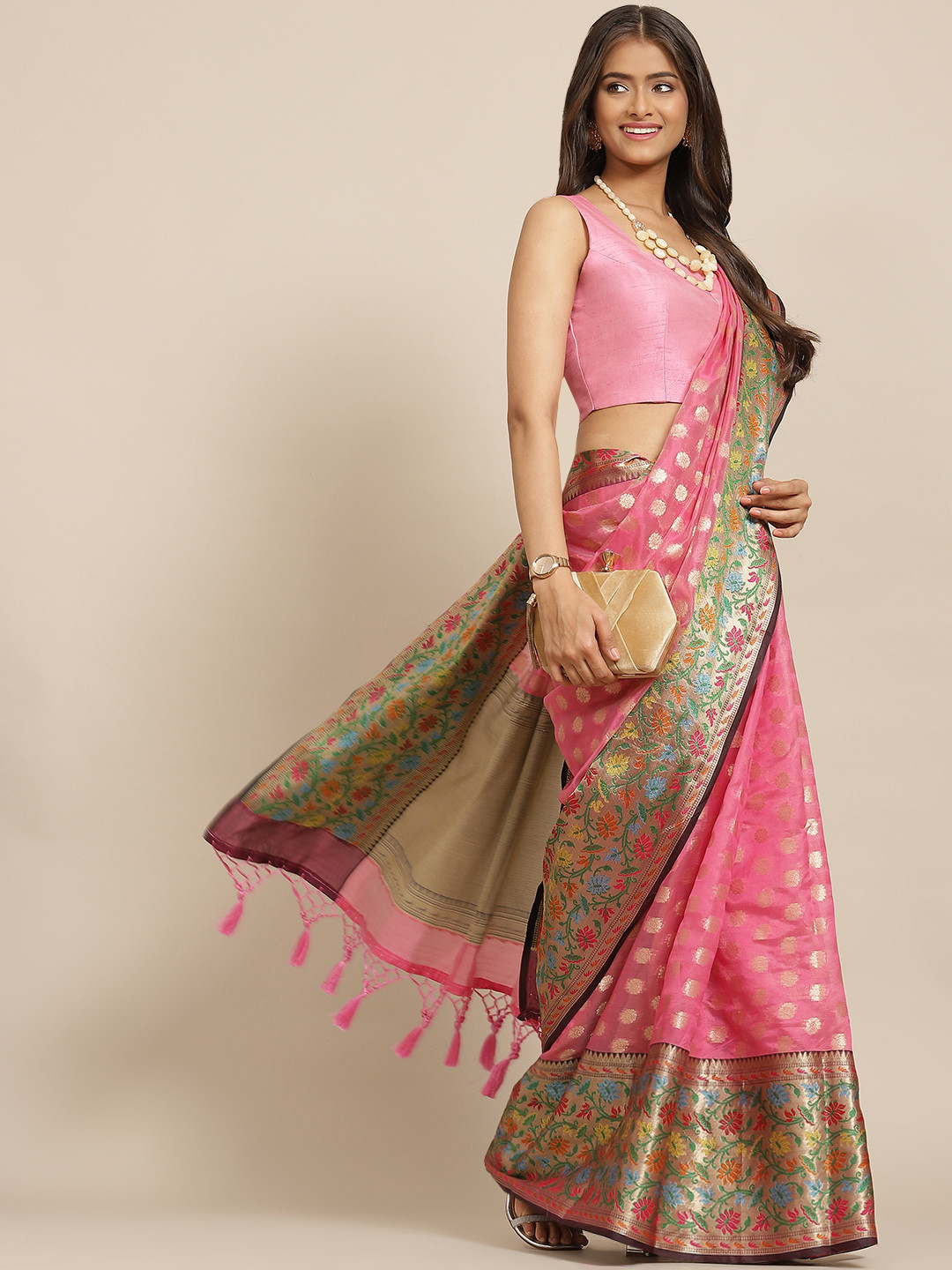 Silk Land Pink & Brown Ethnic Motifs Woven Design Zari Banarasi Saree