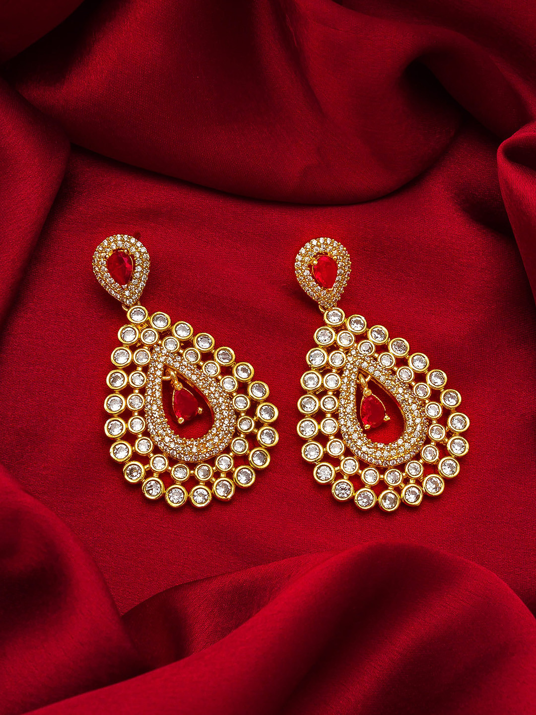 aadita Gold-Plated White & Red Stone Studded Drop Earrings