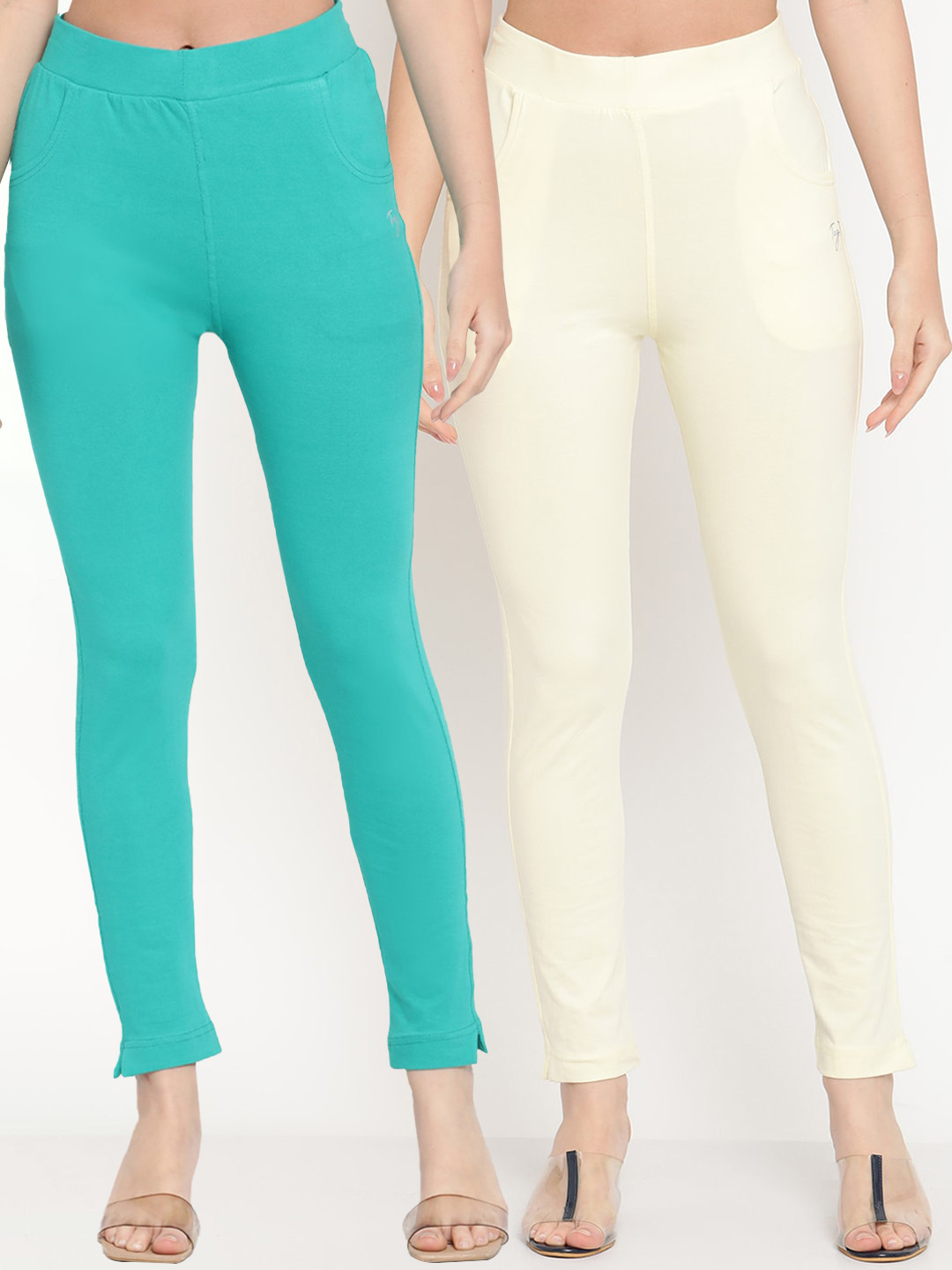 TAG 7 Women Set of 2 Cream-Coloured & Turquoise Blue Ankle Length Leggings