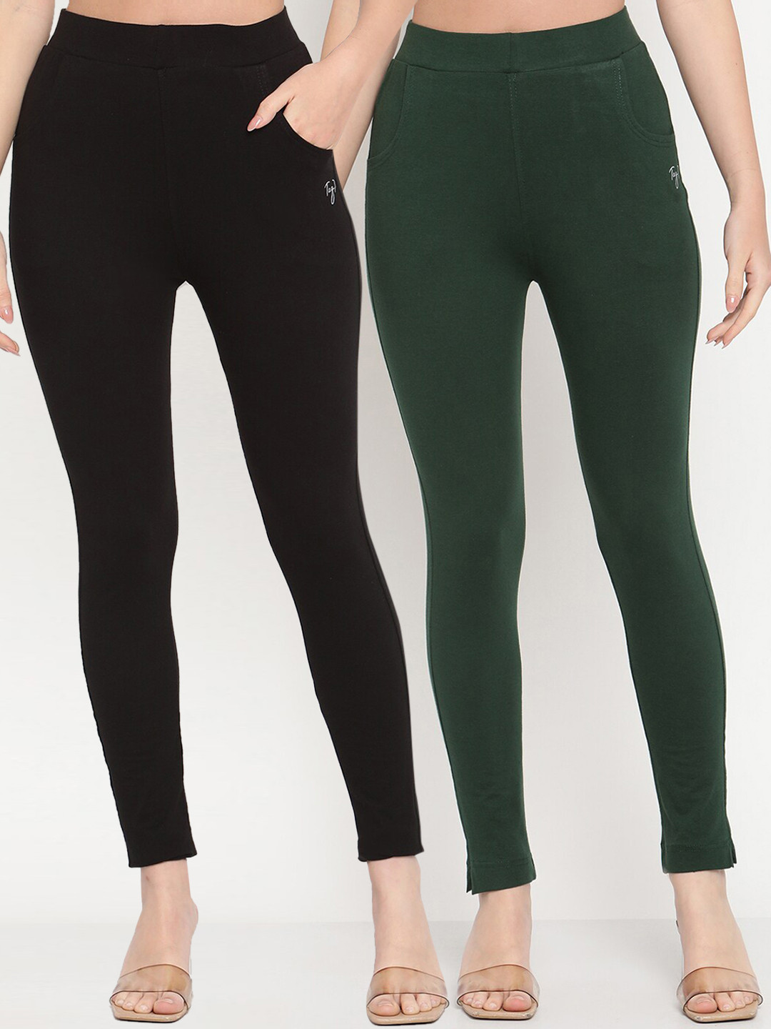 TAG 7 Set Of 2 Green & Black Solid Leggings