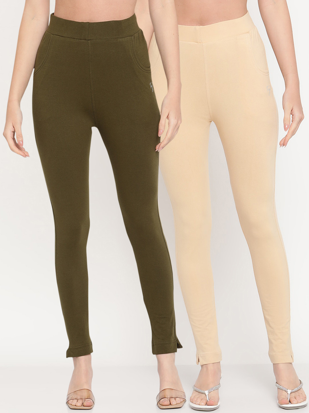 TAG 7 Women Pack of 2 Olive Green & Beige Solid Ankle Length Kurti Pants