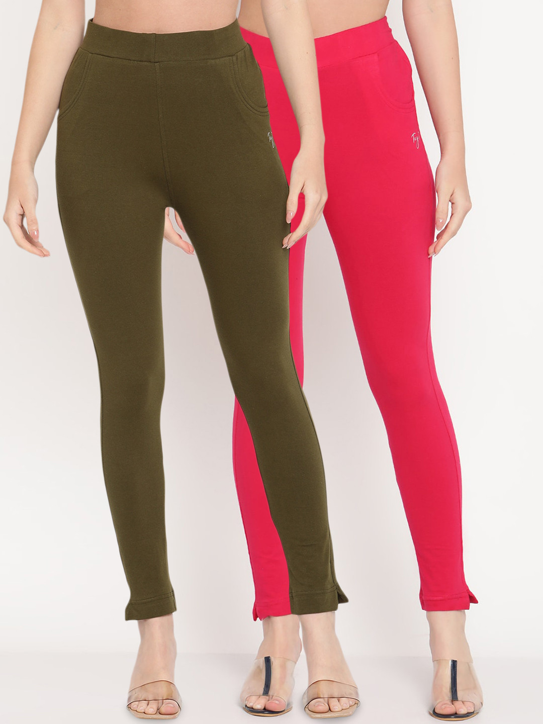 TAG 7 Women Pack Of 2 Olive and Pink Solid Comfort Fit Ankle-Length Leggings