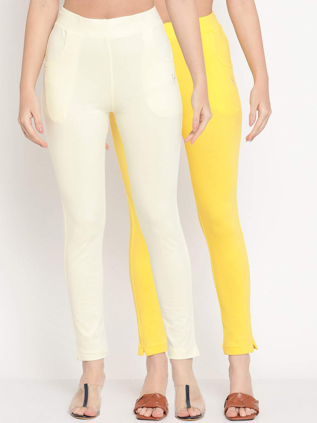 TAG 7 Women Solid Cream & Yellow Ankle Length Leggings Set Of 2