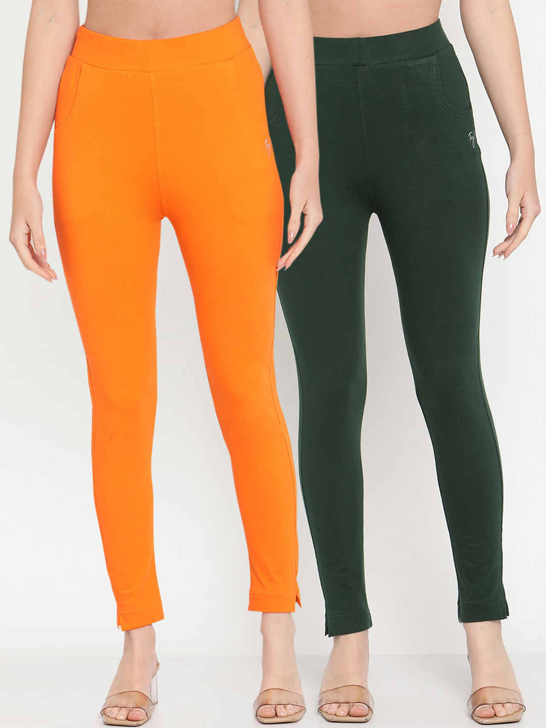 TAG 7 Women Pack of 2 Orange & Green Solid Kurti Pants