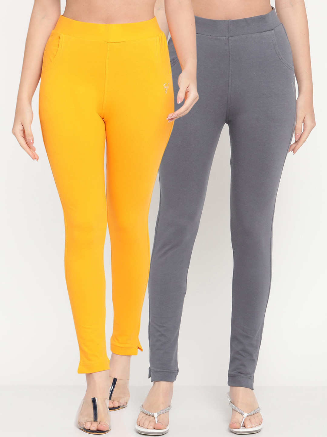 TAG 7 Set Of 2 Grey & Yellow Cotton Leggings