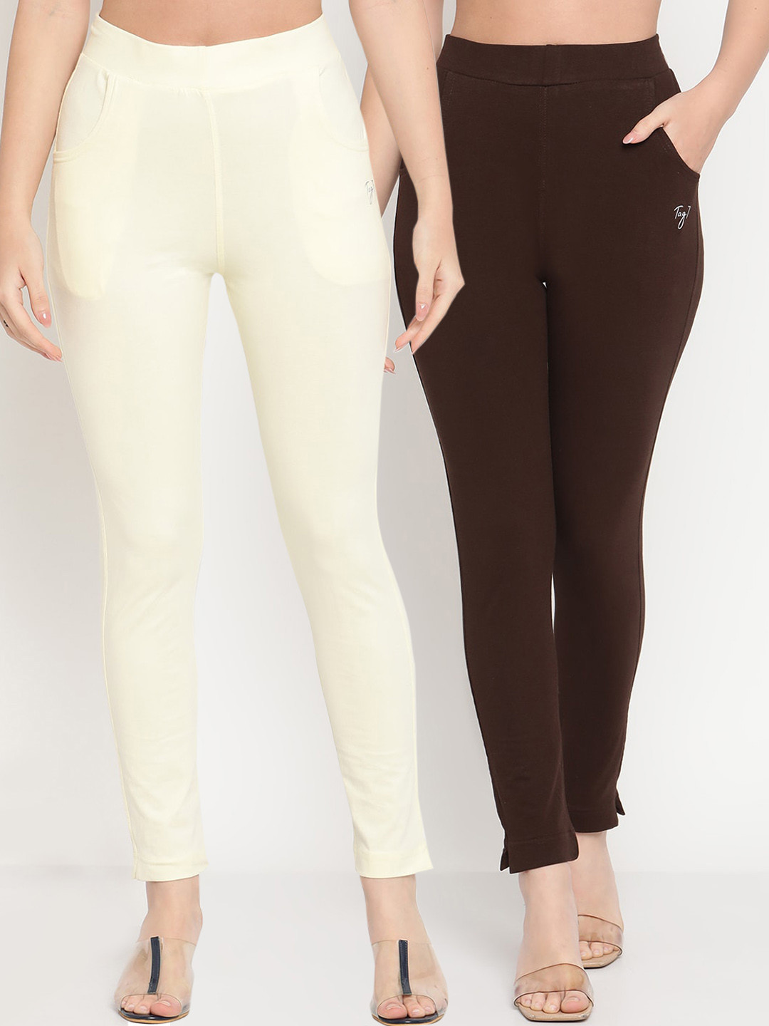 TAG 7 Women Set of 2 Cream-Colored & Brown Ankle Length Leggings