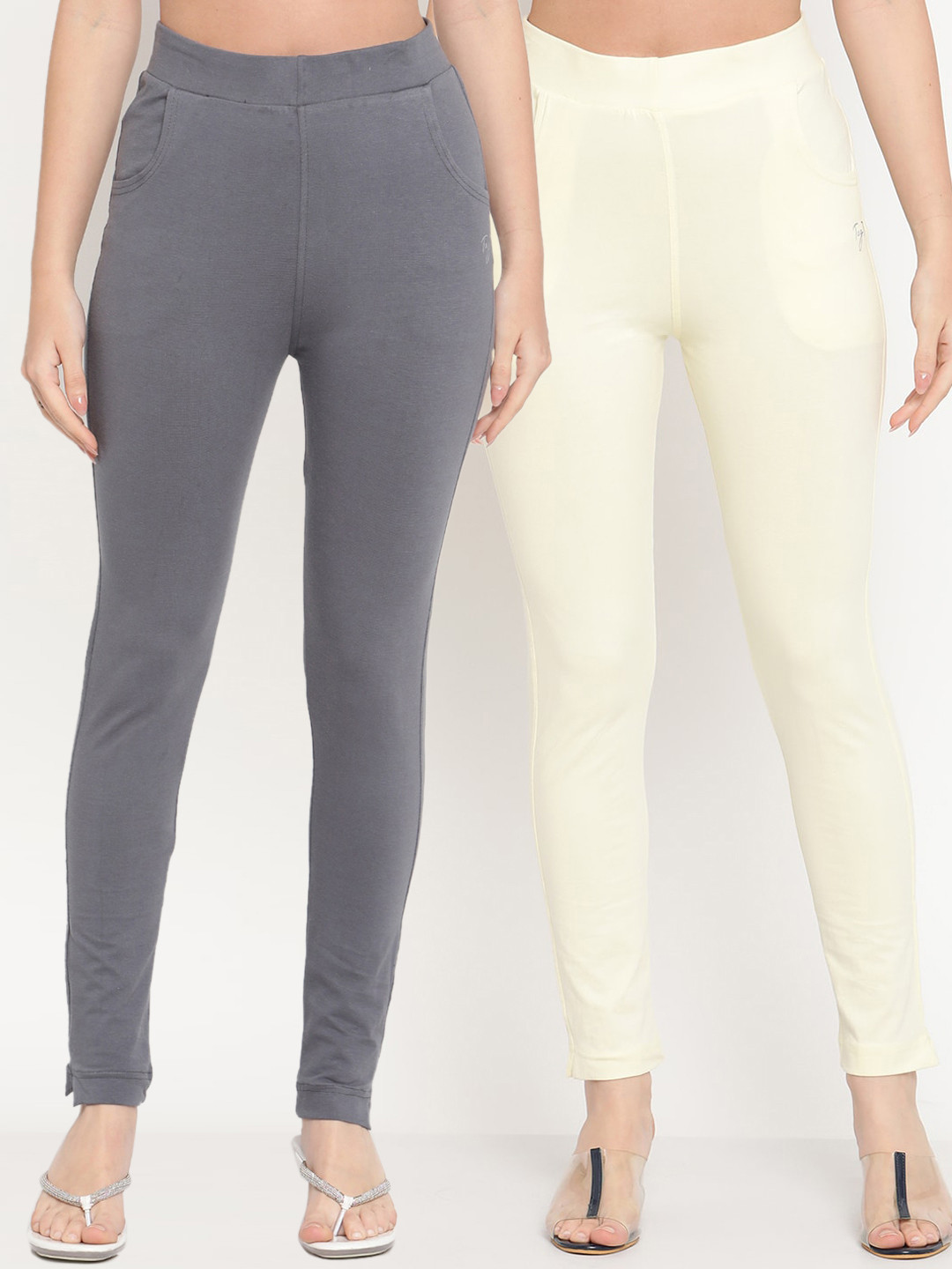 TAG 7 Women Set of 2 Cream-Coloured & Grey Ankle Length Leggings