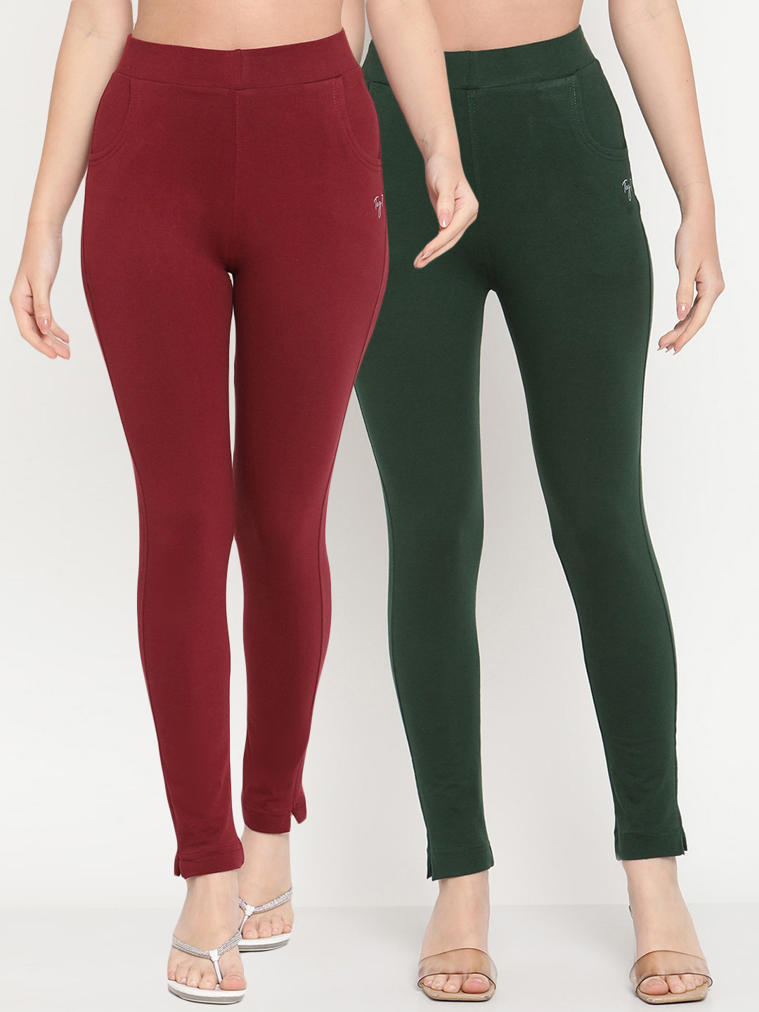 TAG 7 Women Pack of 2 Maroon & Green Solid Kurti Pants