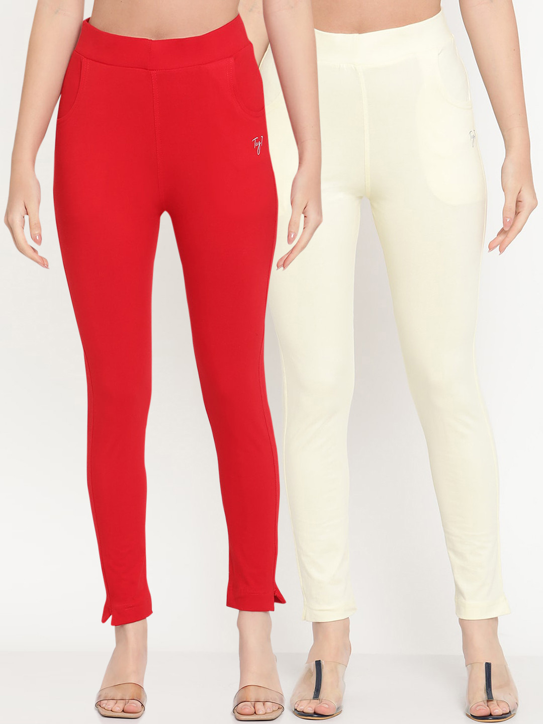 TAG 7 Women Pack of 2 Red & Cream Colored Solid Kurti Pants