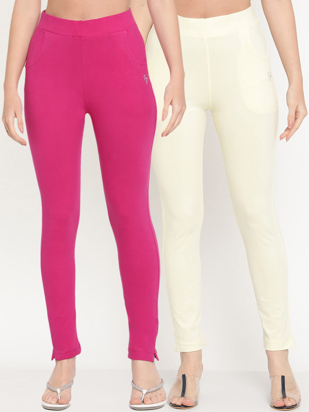 TAG 7 Women Pack of 2 Pink & Cream Colored Solid Kurti Pants