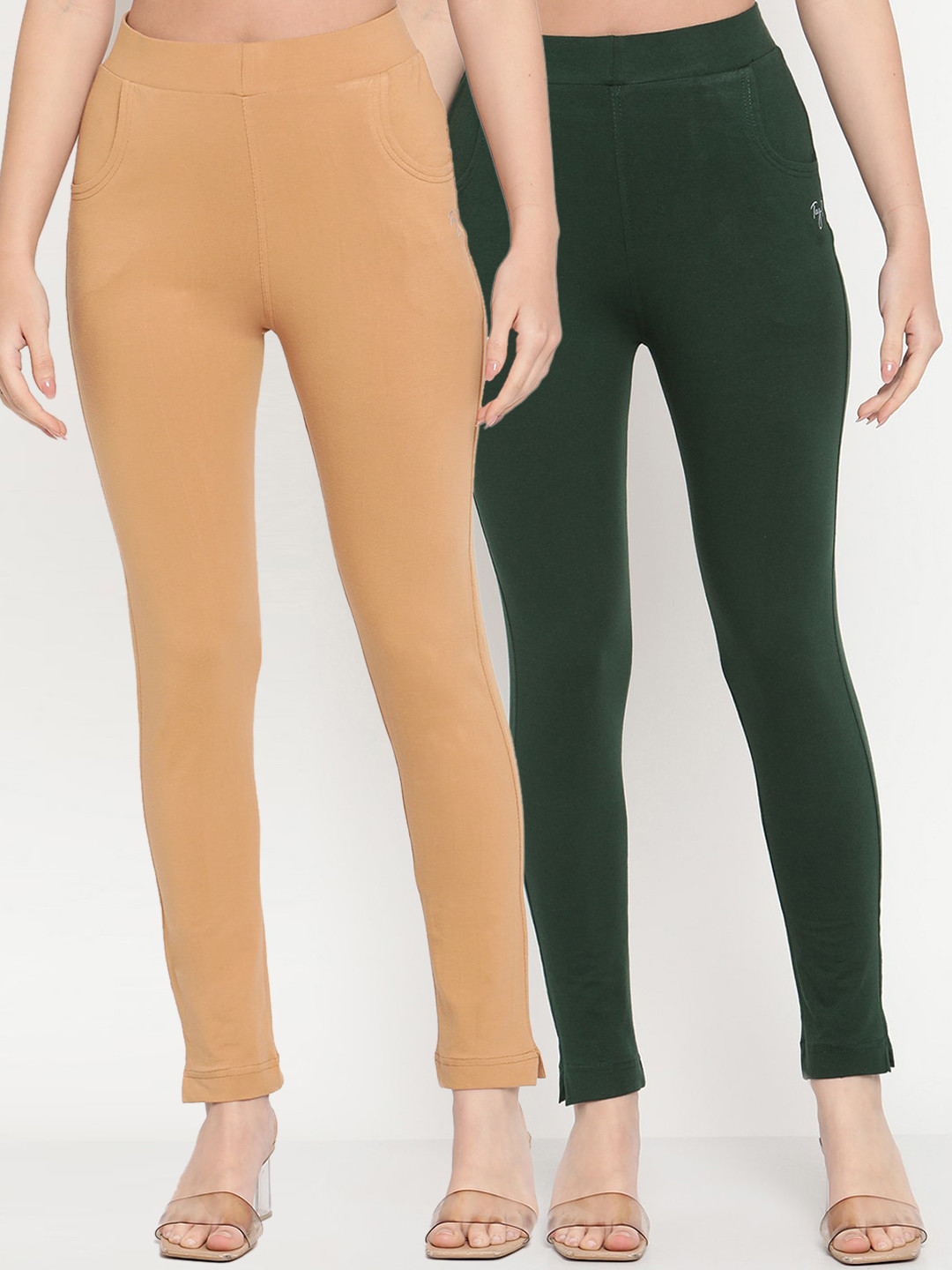 TAG 7 Women Pack of 2 Beige & Green Solid Kurti Pants