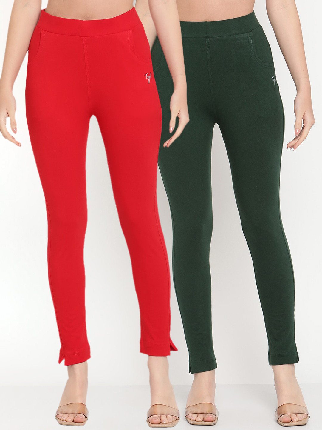 TAG 7 Women Pack of 2 Red & Green Solid Kurti Pants