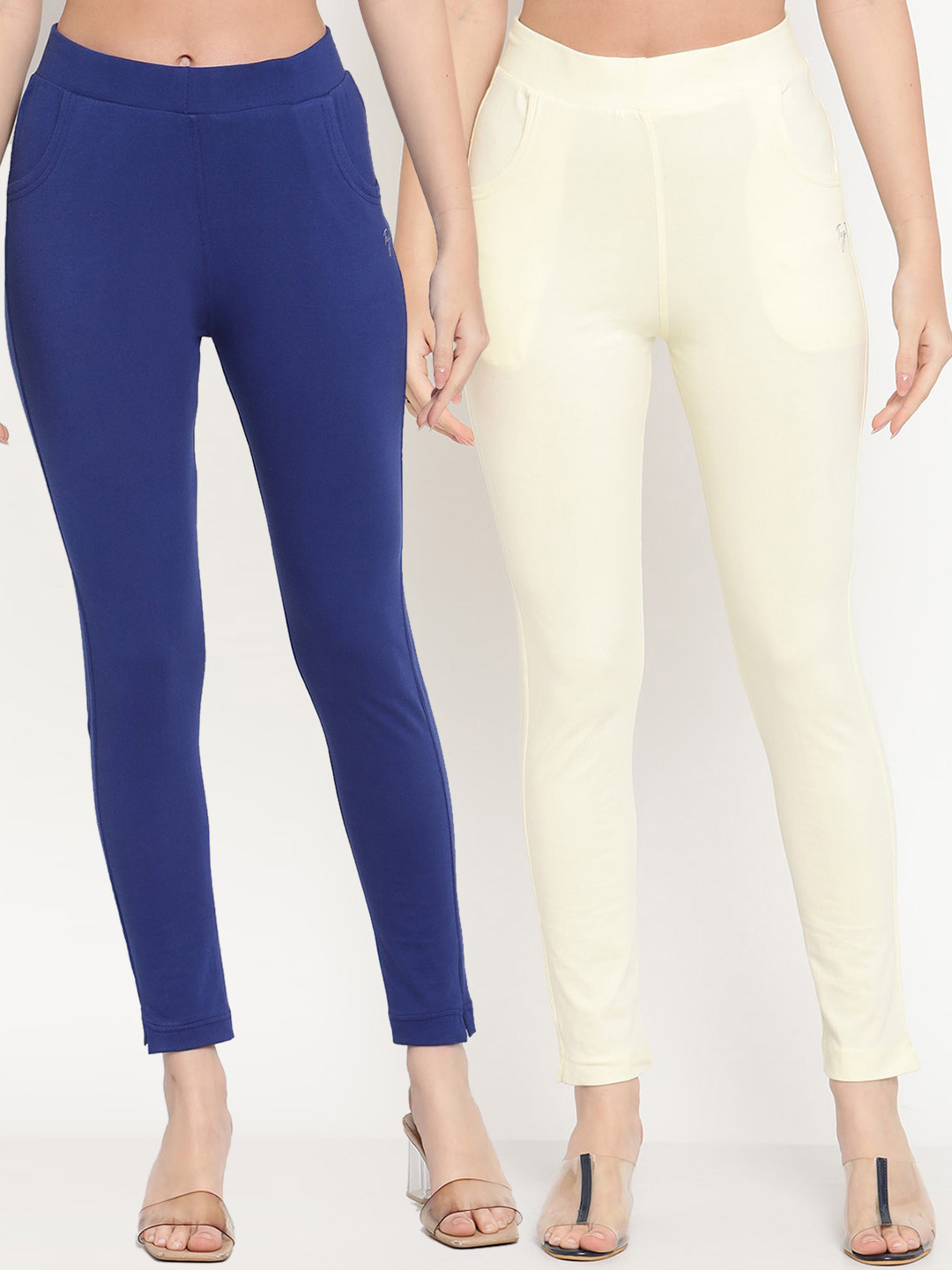 TAG 7 Set Of 2 Blue & Cream Solid Leggings