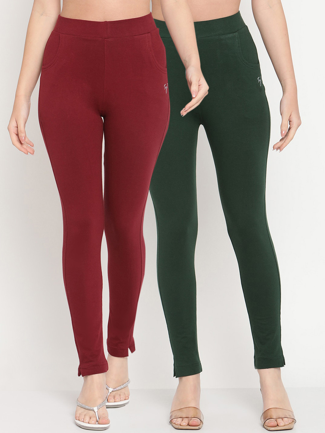 TAG 7 Women Pack of 2 Maroon & Green Solid Kurti Pants