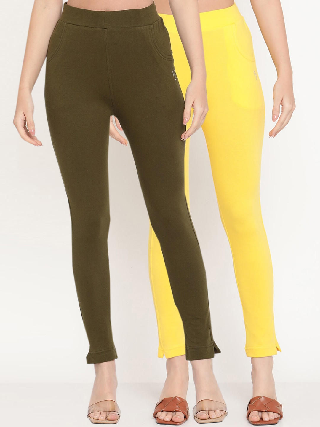 TAG 7 Women Set of 2 Olive Green & Yellow Ankle Length Leggings