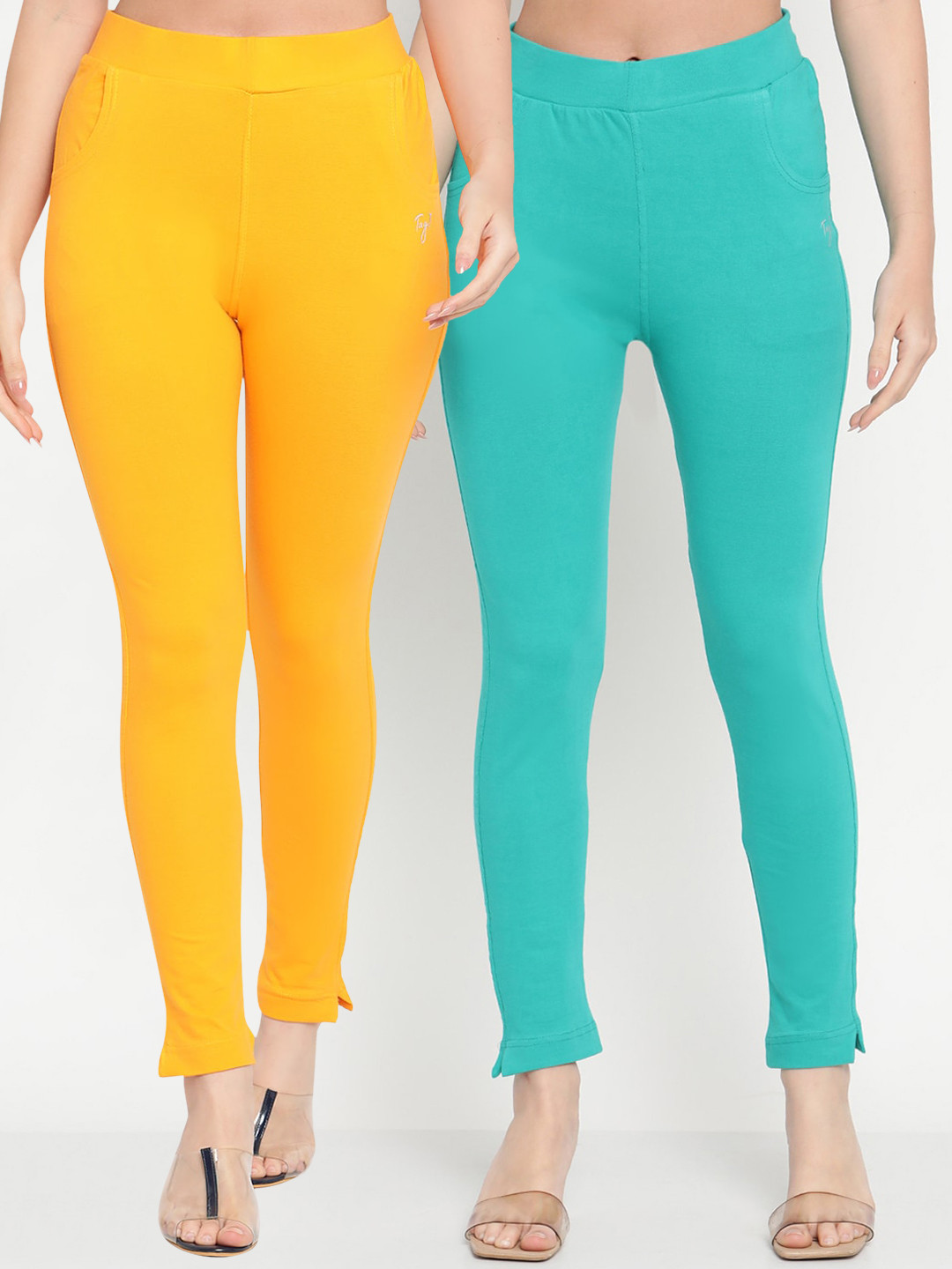 TAG 7 Women Yellow & Turquoise Blue Pack of 2 Straight Fit Ankle-Length Leggings