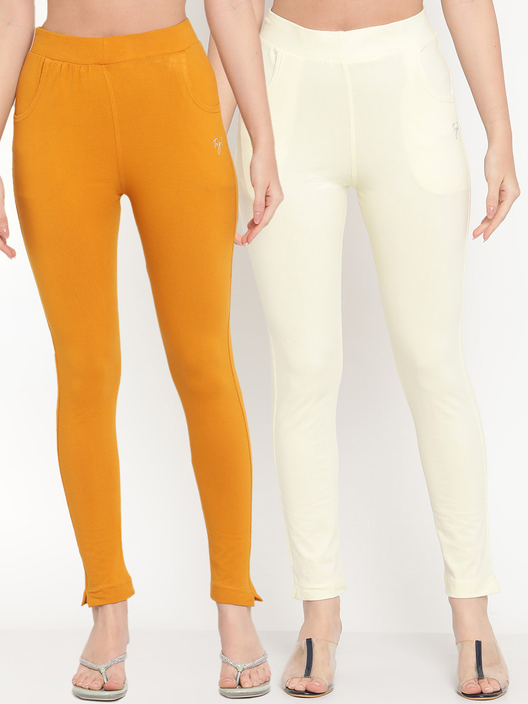 TAG 7 Pack of 2 Cream-Coloured & Mustard Yellow Ankle-Length Leggings
