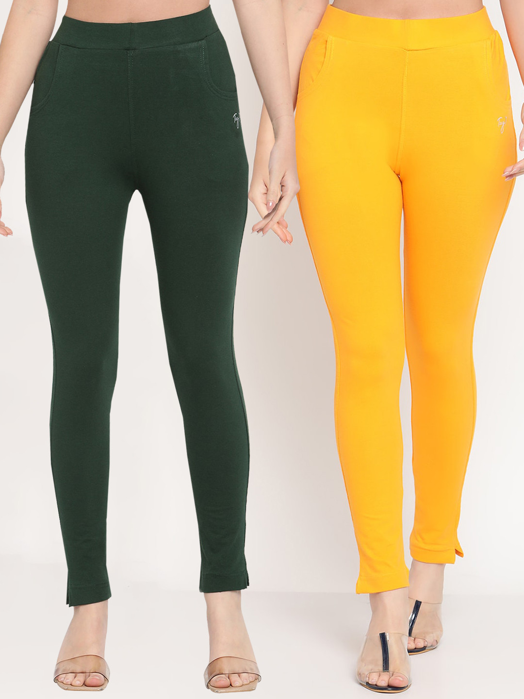 TAG 7 Set Of 2 Green & Yellow Solid Leggings