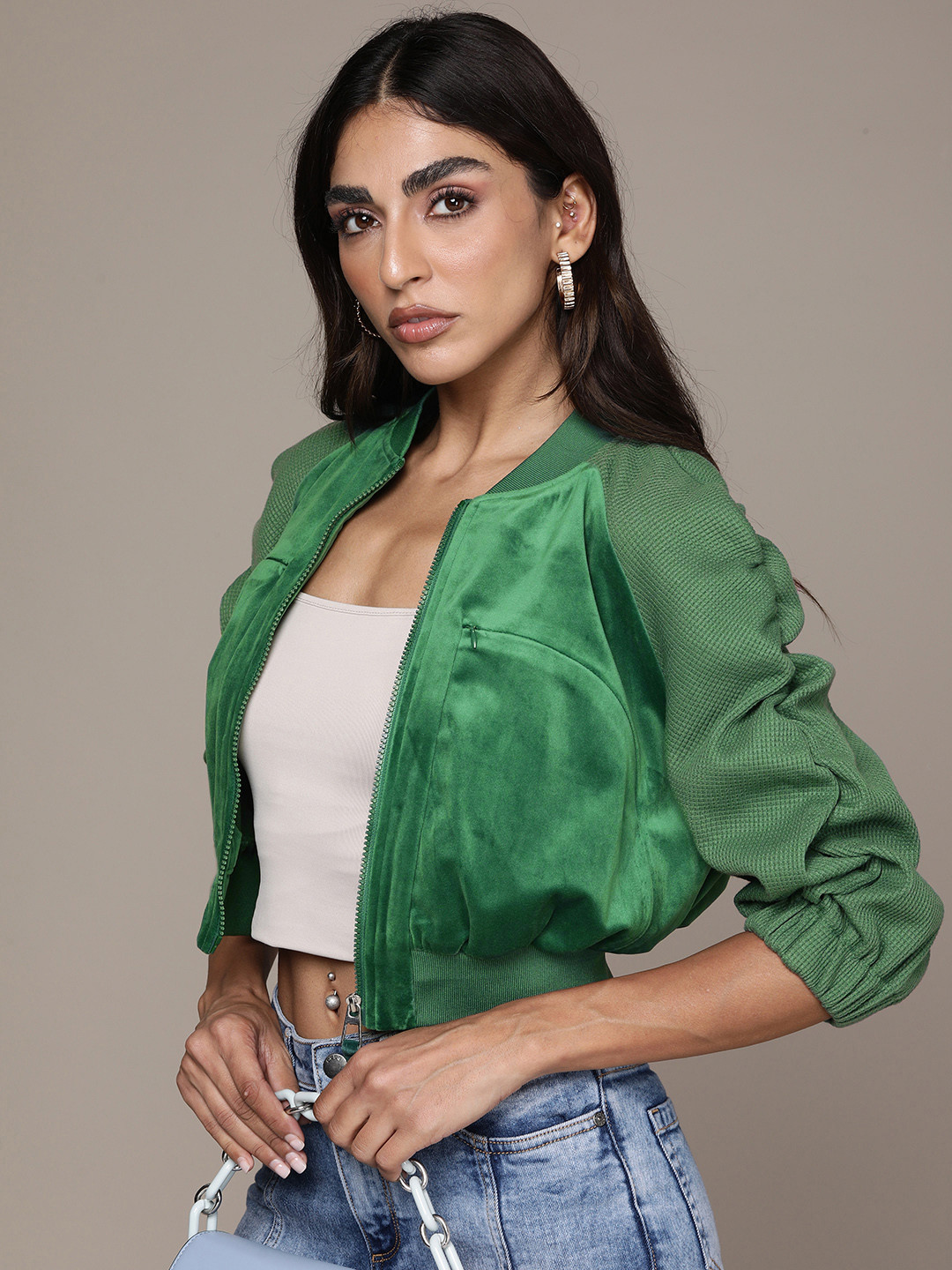 bebe Women Green Crop Bomber Jacket