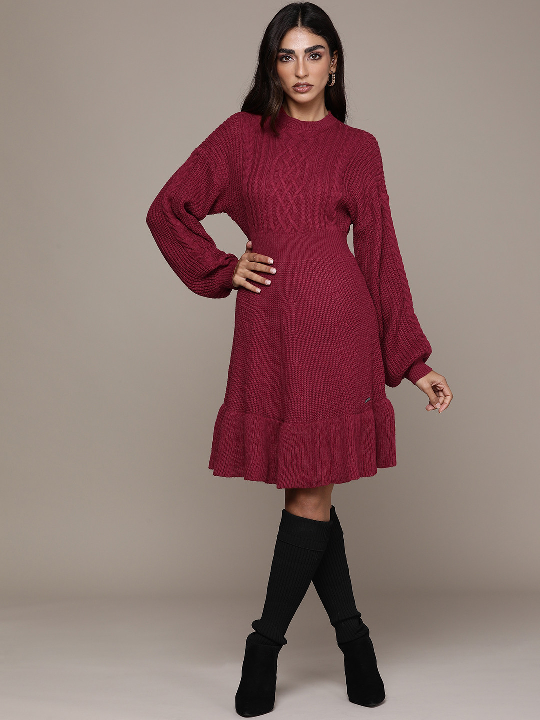 bebe Maroon Acrylic Fit & Flare Dress