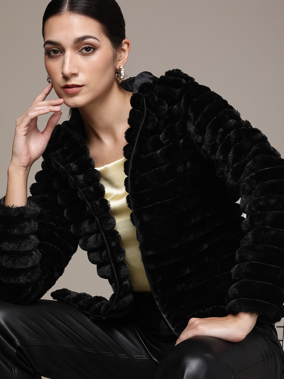 bebe Women Black Self Design Faux Fur Trim Hooded Tailored Jacket