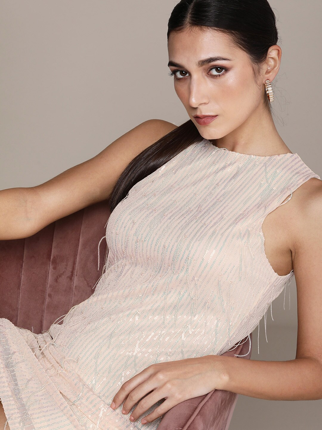 bebe Beige Embellished Net Bodycon Mini Dress