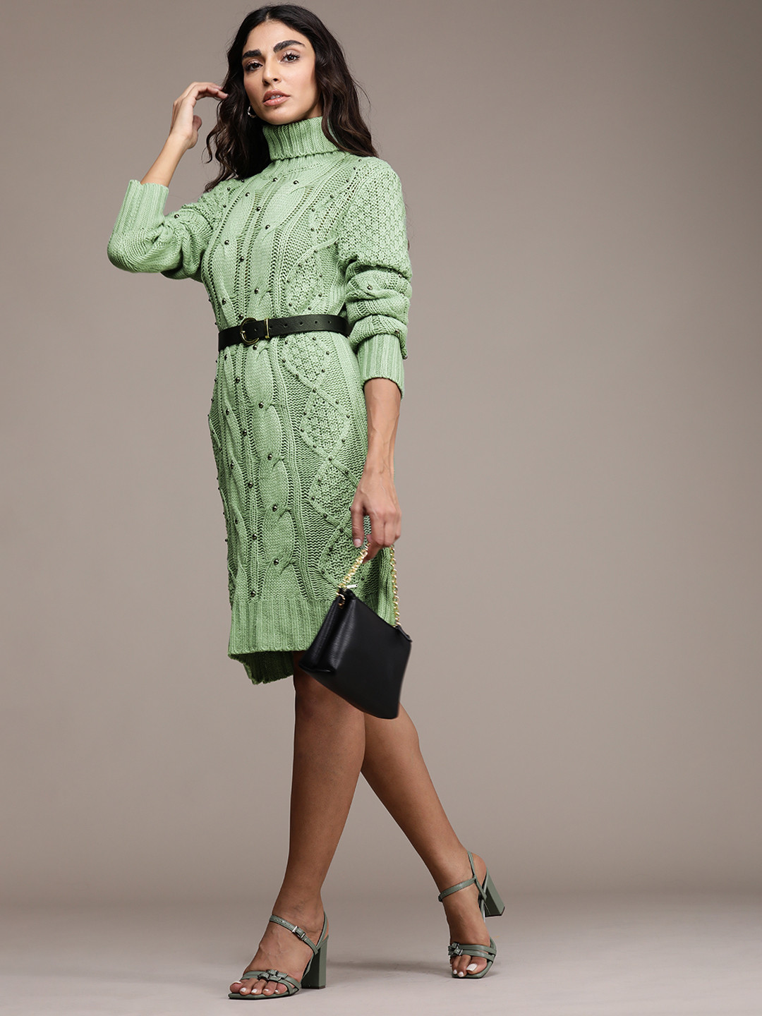 bebe Women Shale Green Argyle Turtle Neck Longline Pullover Sweater With Beads Detail