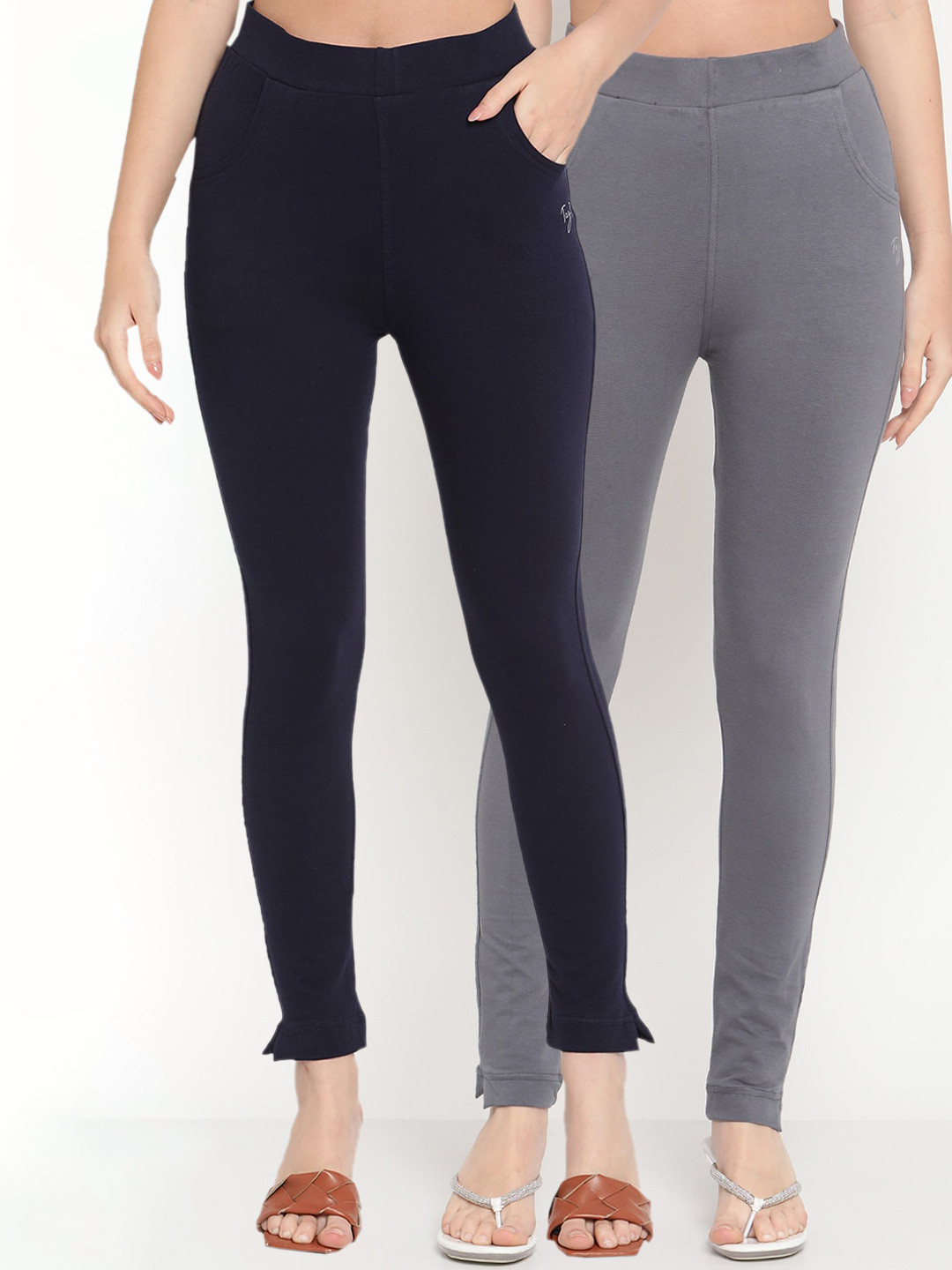 TAG 7 Women Set of 2 Grey & Navy Blue Leggings