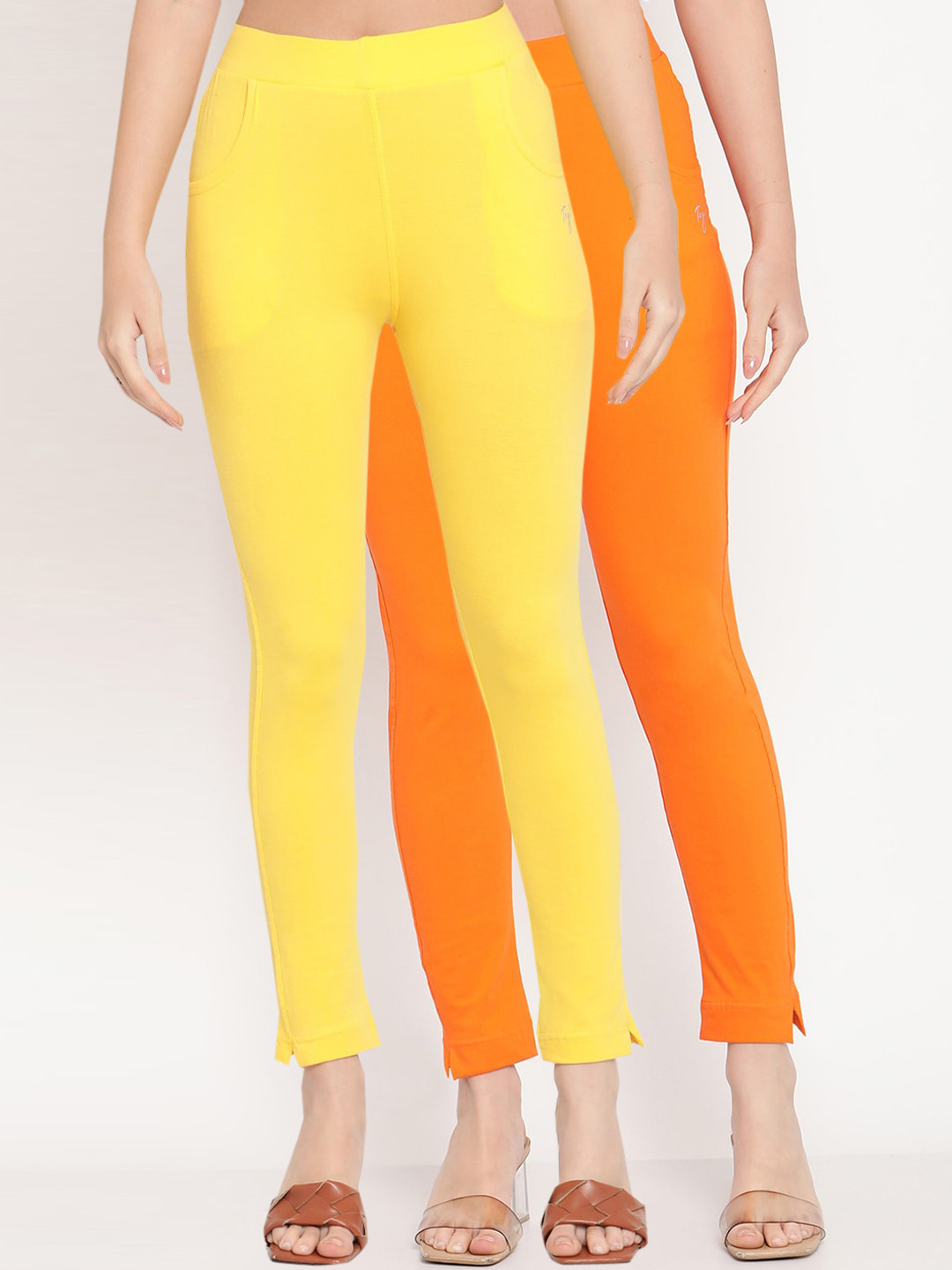 TAG 7 Women Yellow & Orange Pack of 2 Straight Fit Ankle-Length Leggings