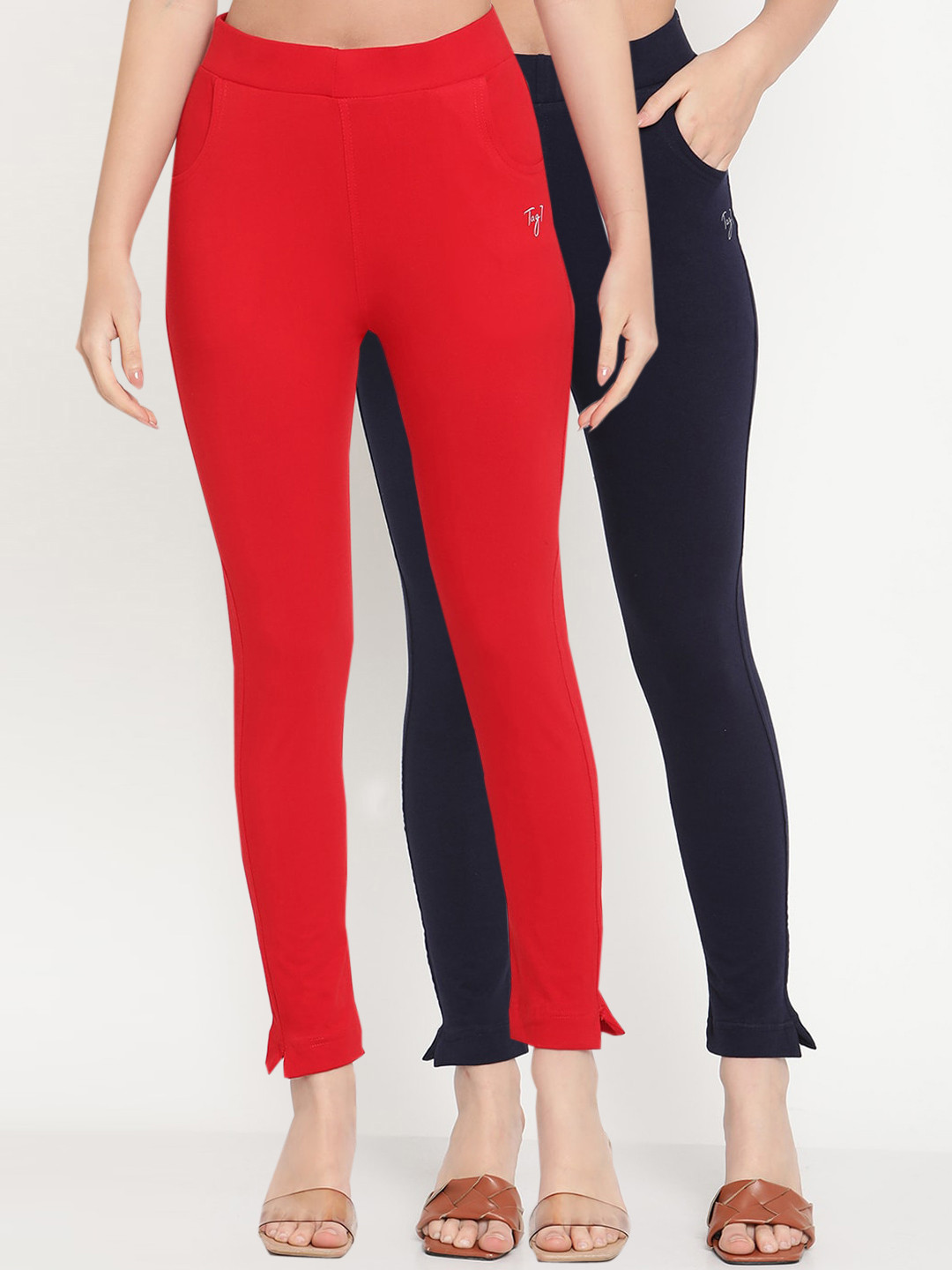 TAG 7 Women Set of 2 Red & Navy Blue Ankle Length Leggings