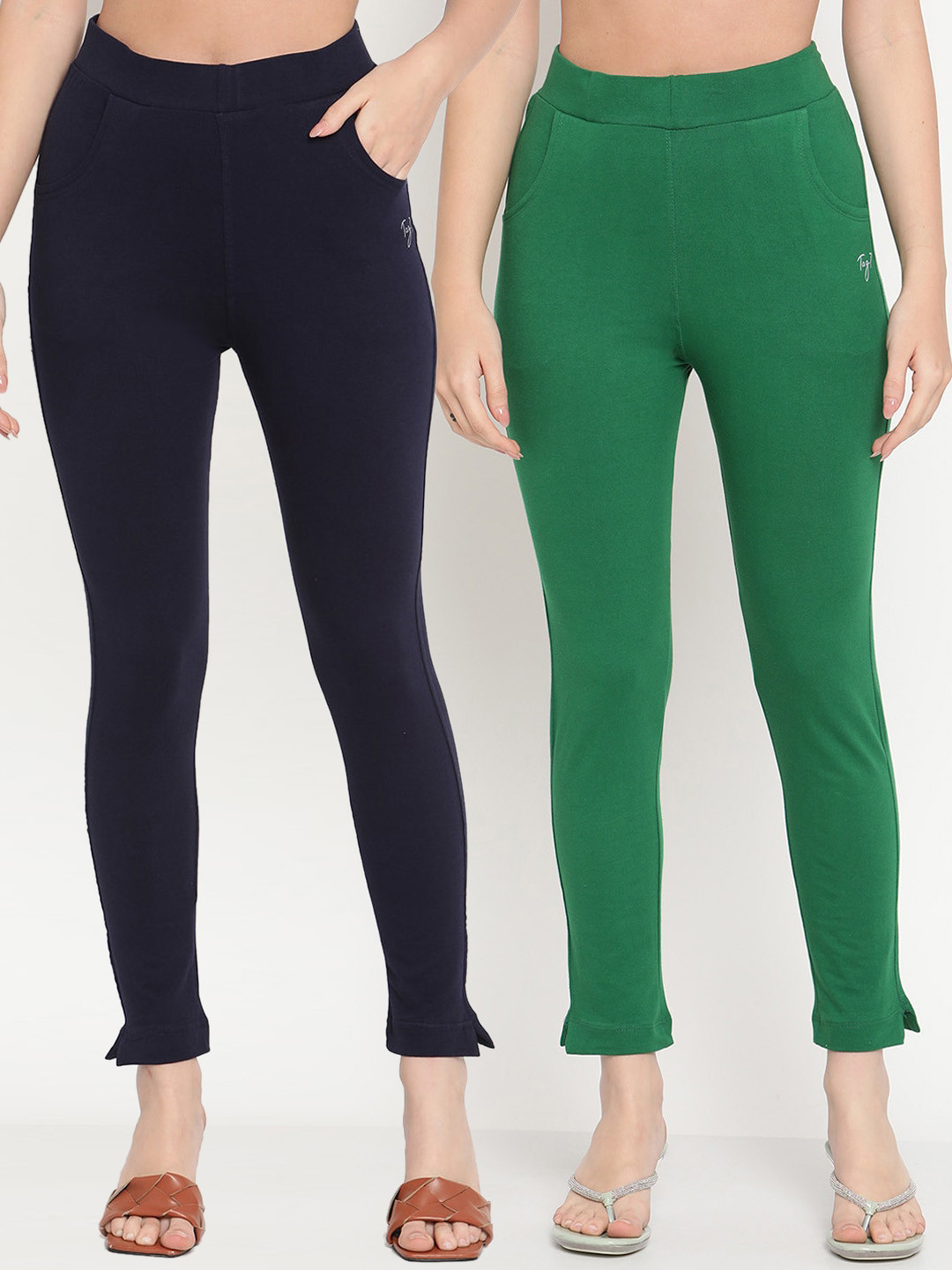 TAG 7 Women Pack of 2 Green & Navy Blue Solid Kurti Pants