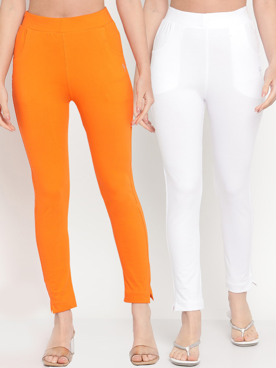 TAG 7 Women Pack of 2 Orange & White Solid Kurti Pants