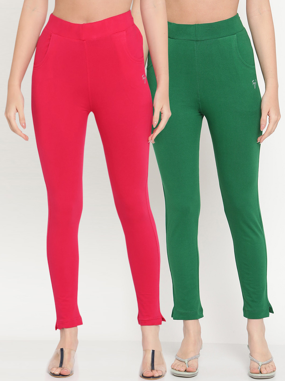 TAG 7 Women Set Of 2 Solid Fuchsia & Green Leggings
