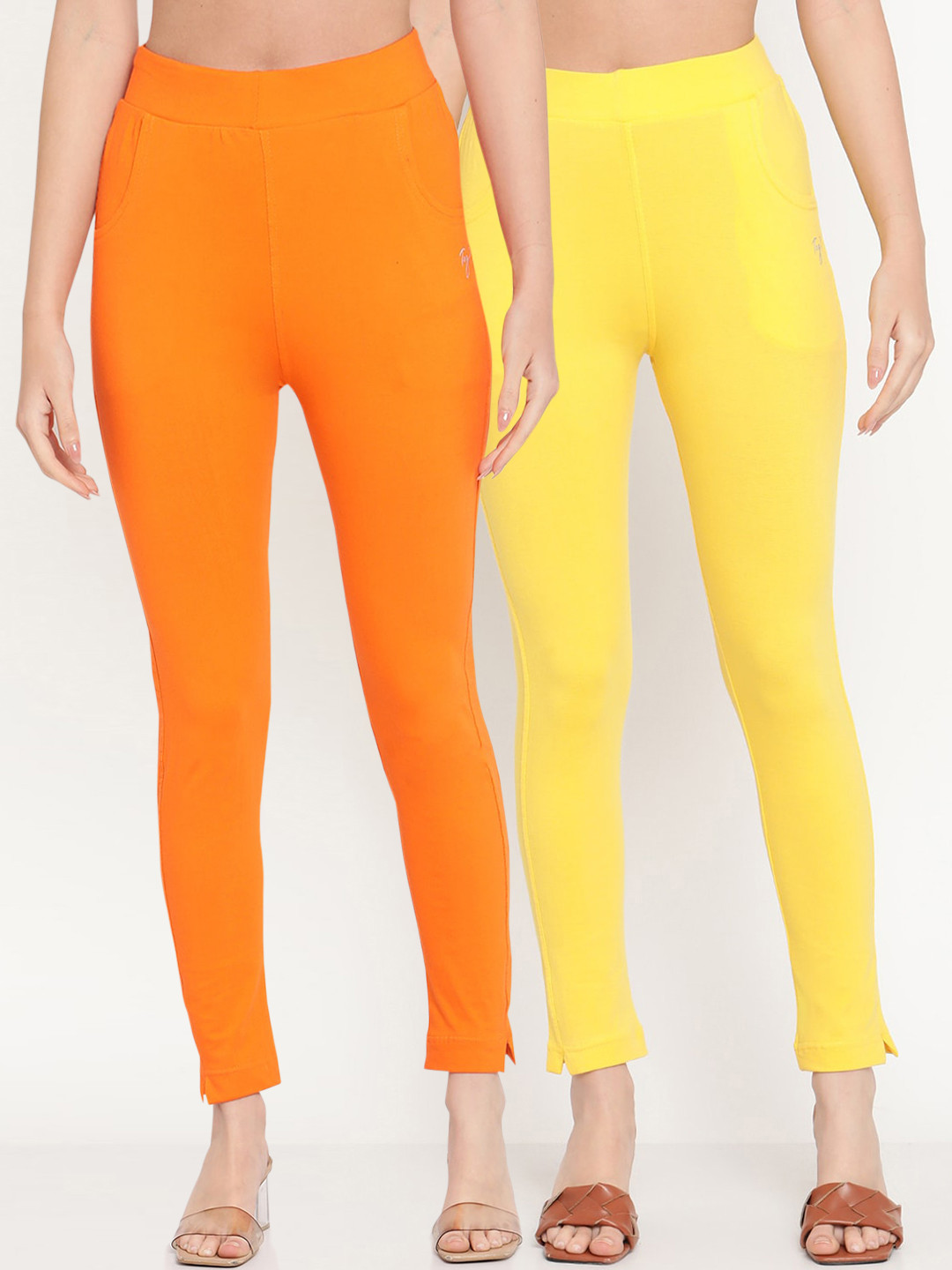 TAG 7 Set Of 2 Orange & Yellow Solid Leggings
