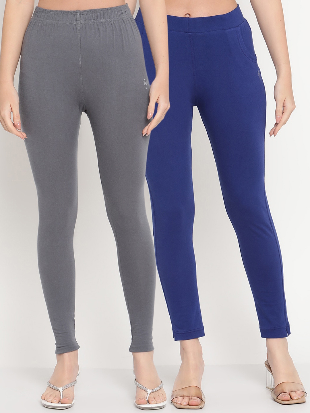 Buy Gracit Blue & Peach Mid Rise Leggings - Pack Of 3 for Women