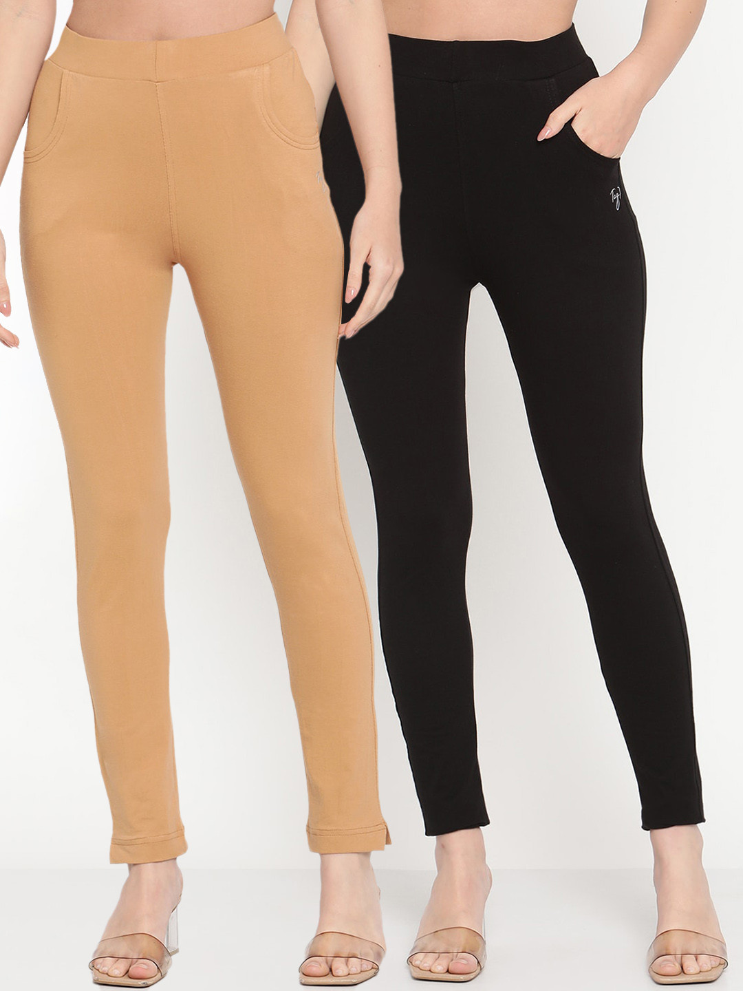 TAG 7 Women Beige & Black Pack of 2 Straight Fit Ankle-Length Leggings