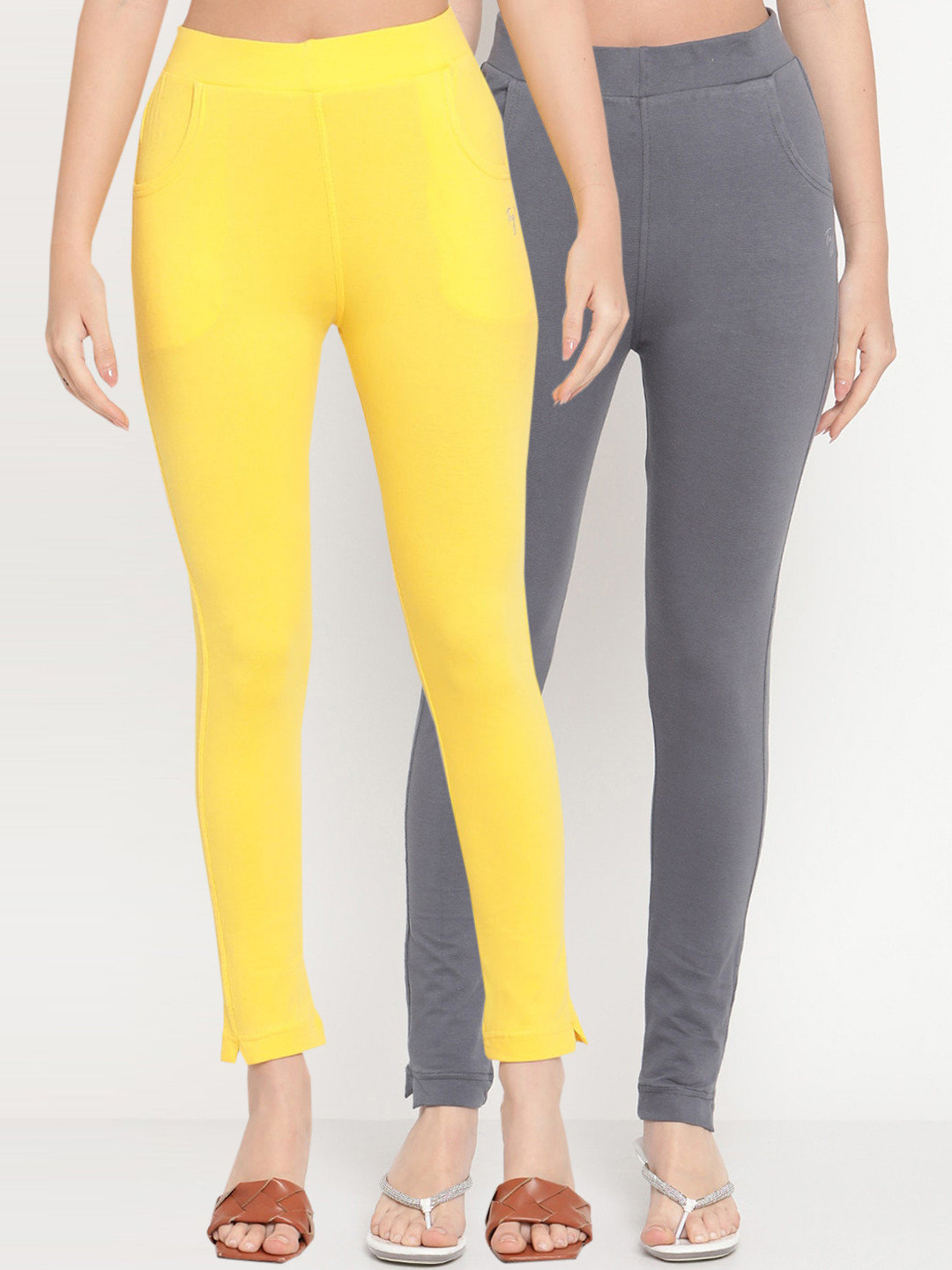 TAG 7 Women Yellow & Grey Ankle-Length Leggings Set of 2
