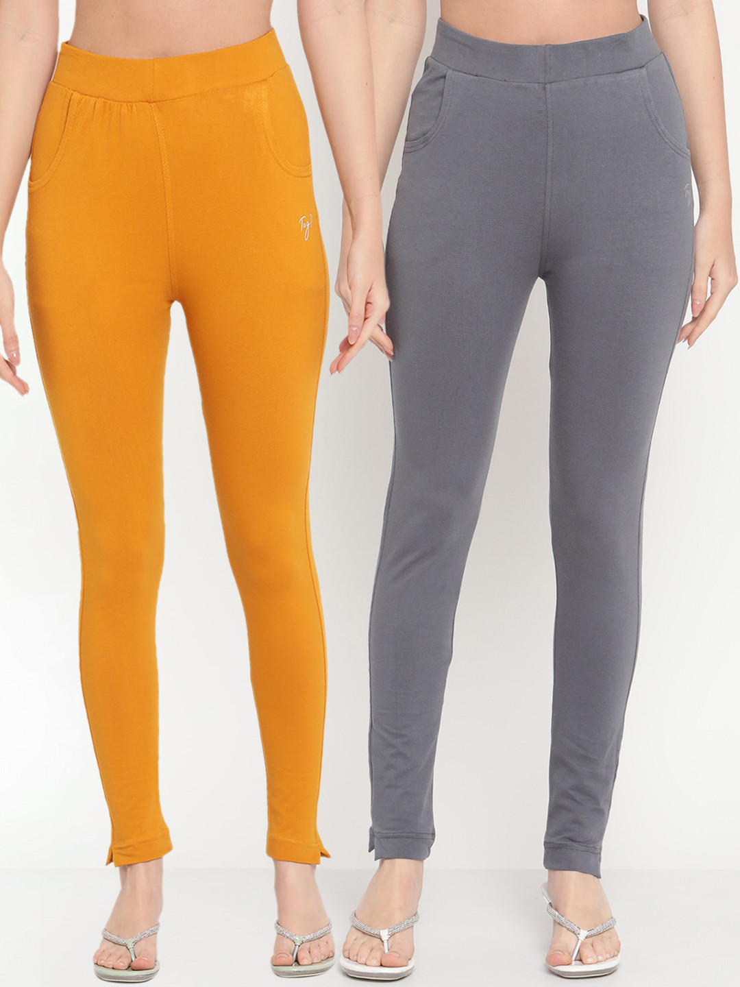 TAG 7 Set Of 2 Mustard Yellow & Grey Solid Leggings