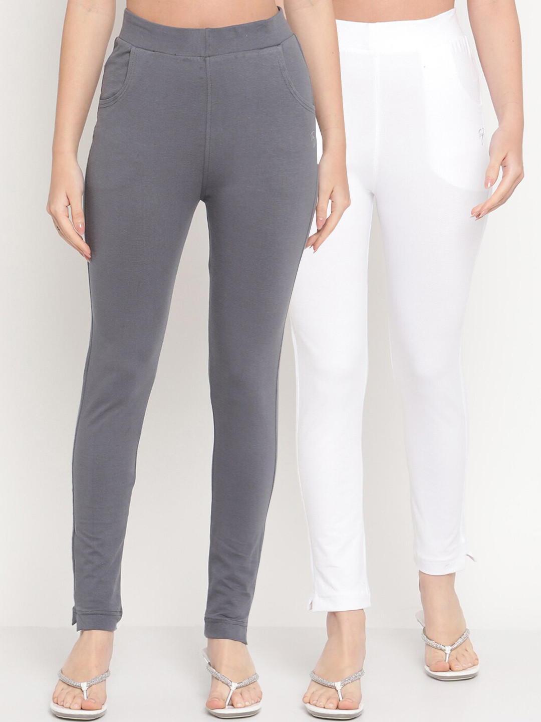 TAG 7 Set Of 2 Grey & White Solid Leggings