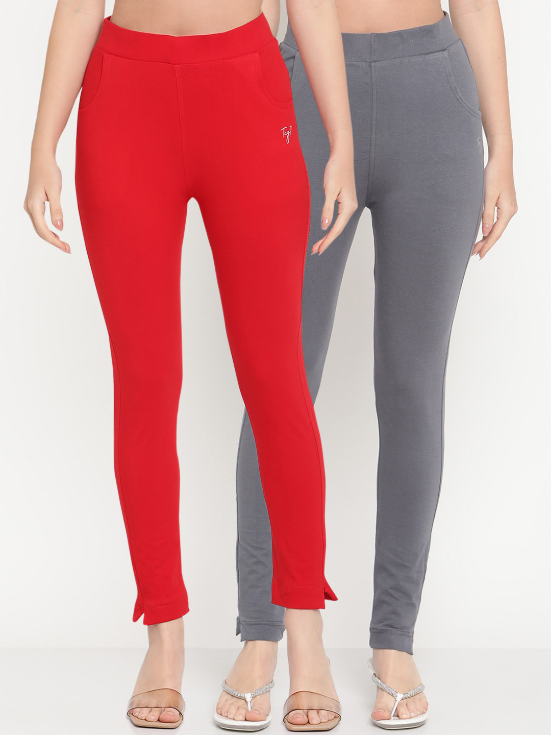 TAG 7 Women Pack of 2 Red & Grey Solid Kurti Pants