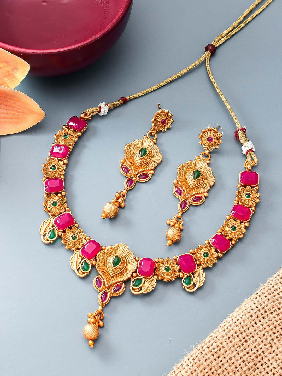aadita Gold-Plated Temple Choker Pearls-Beaded Jewellery Set