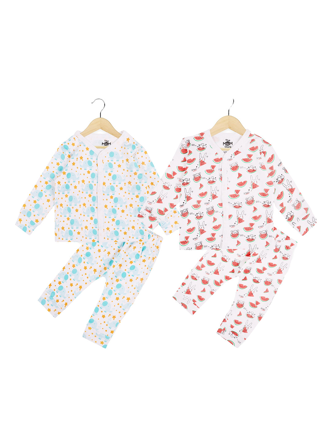 The Mom Store Kids White & Blue Set of 2 Printed Cotton Clothing Set