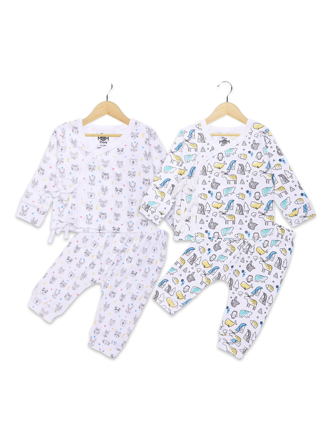 The Mom Store Pack of 2 Kids White Printed Pure Cotton Top with Pyjamas