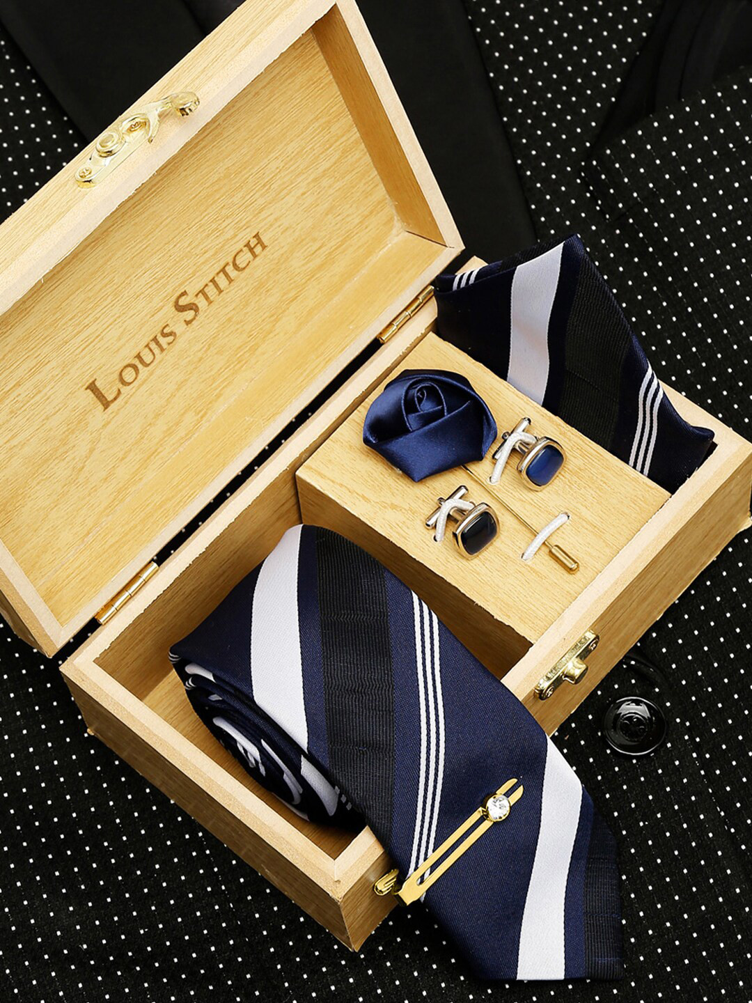 LOUIS STITCH Men Lined Blue Stripes Italian Silk Necktie Accessory Gift Set