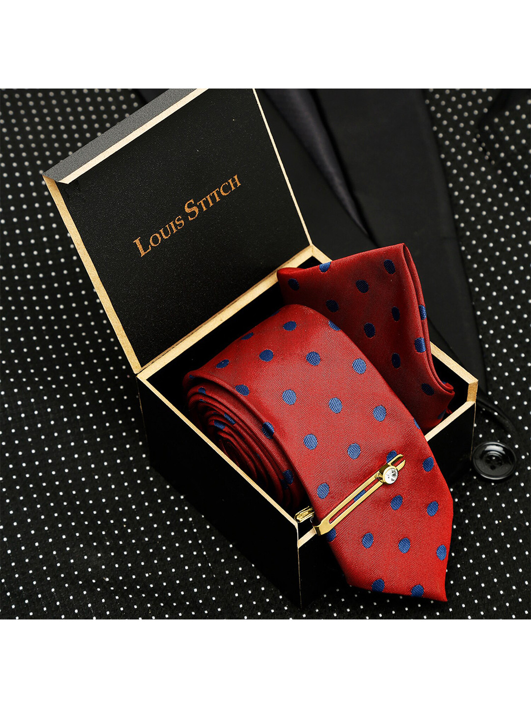 LOUIS STITCH Men Polka Red Italian Silk Necktie Accessory Gift Set