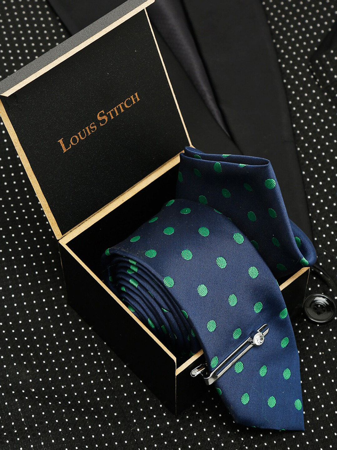 LOUIS STITCH Men Polka Dotted Blue Italian Silk Necktie Accessory Gift Set