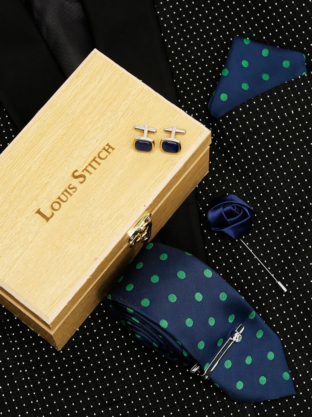 LOUIS STITCH Men Polka Dot Blue Italian Silk Necktie Accessory Gift Set